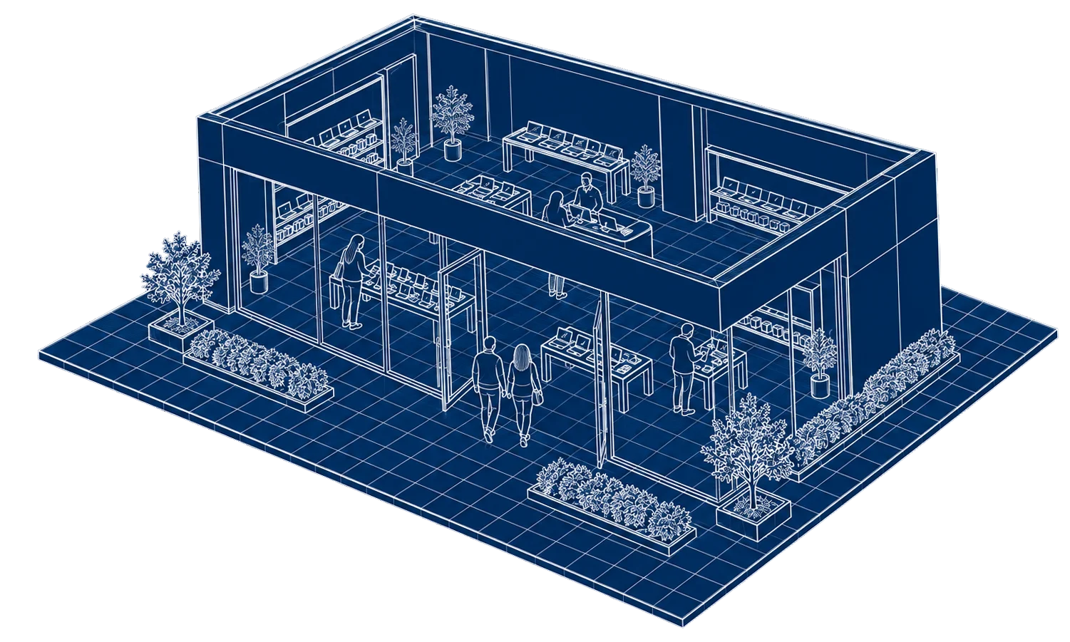 Isometric blueprint of an EF Telco retail store